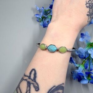 Lucky Brand Distressed Silver Bangle Bracelet with Turquoise and Green Crystals